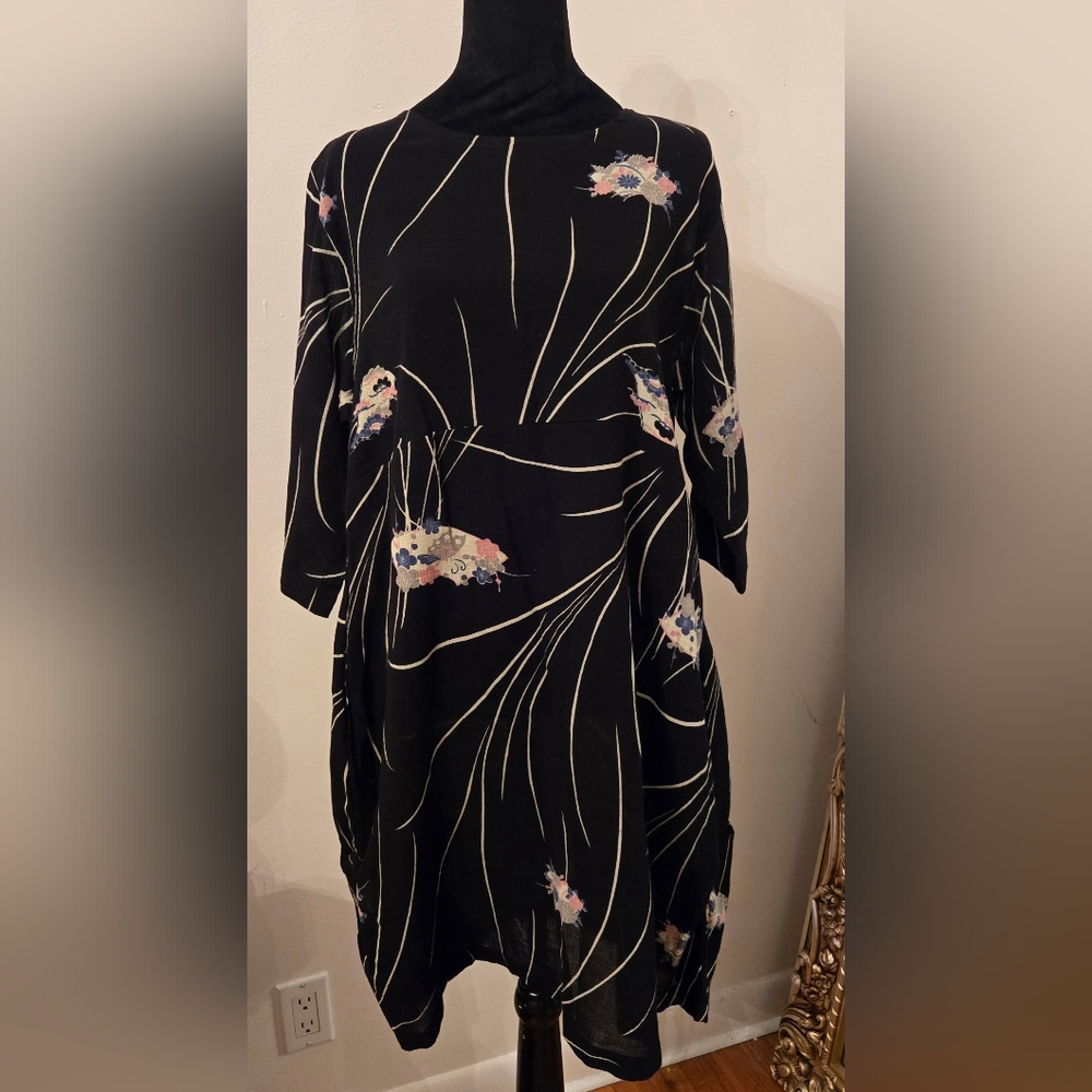 Yasuko Japanese Black Cotton Dress Floral Abstract Print S/M NWT